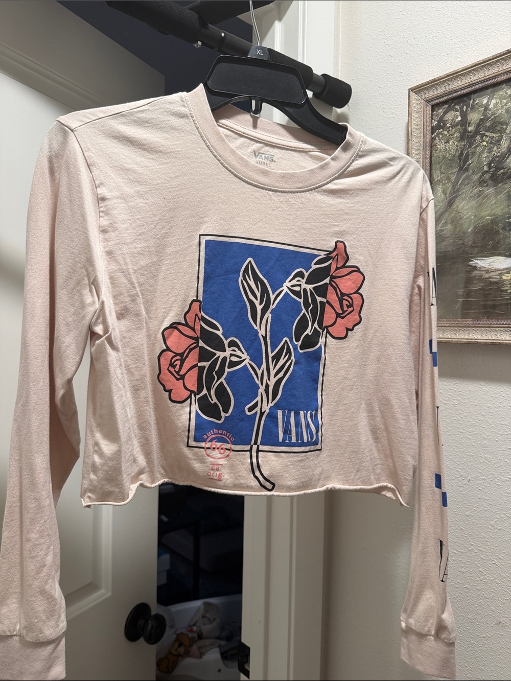 Vans Light Pink Long-Sleeve Crop Top with Blue Floral Graphic